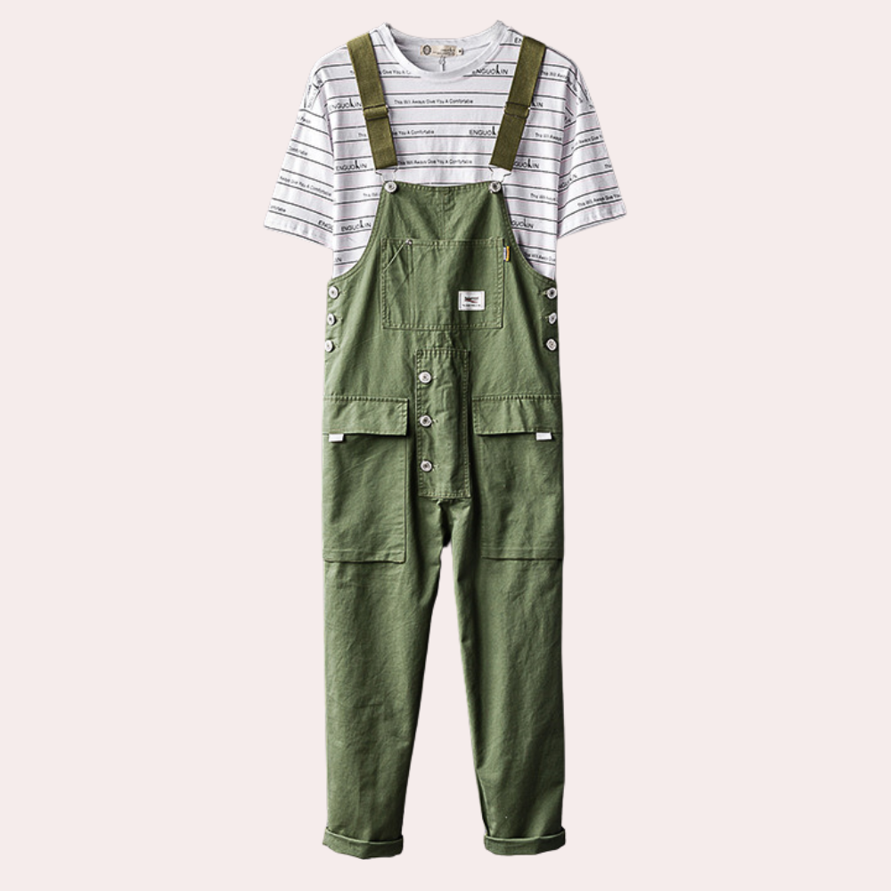 Svart cargo-overall med justerbare stropper og flere lommer, perfekt for menn som søker komfort og funksjonalitet.