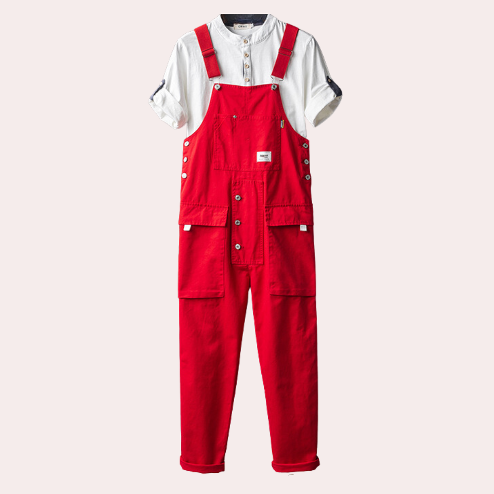 Svart cargo-overall med justerbare stropper og flere lommer, perfekt for menn som søker komfort og funksjonalitet.