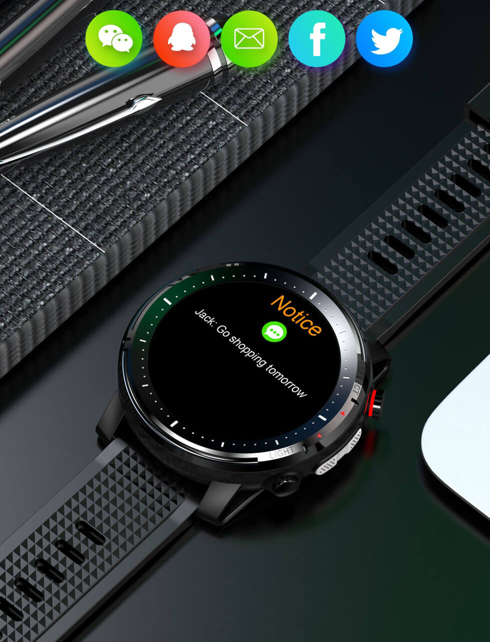 Avansert svart smartklokke for menn. Innebygd GPS, pulsmåler, aktivitetsmåler og helseovervåkning.