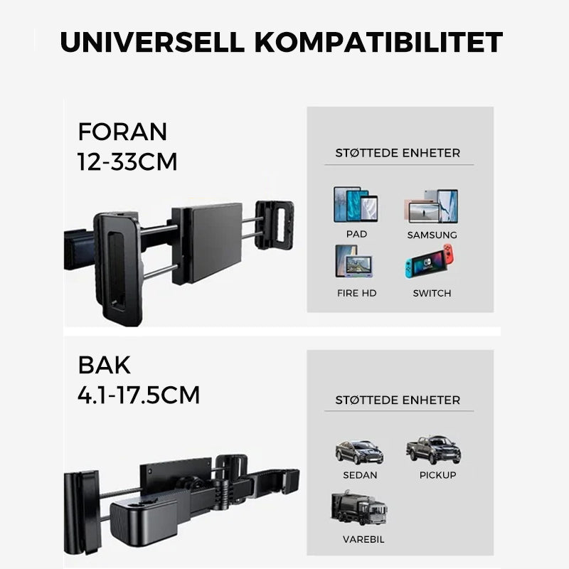 "Svart justerbar nakkestøtte nettbrettfeste med 360 graders rotasjon for enheter 4,7-12,9 tommer, enkel montering"
