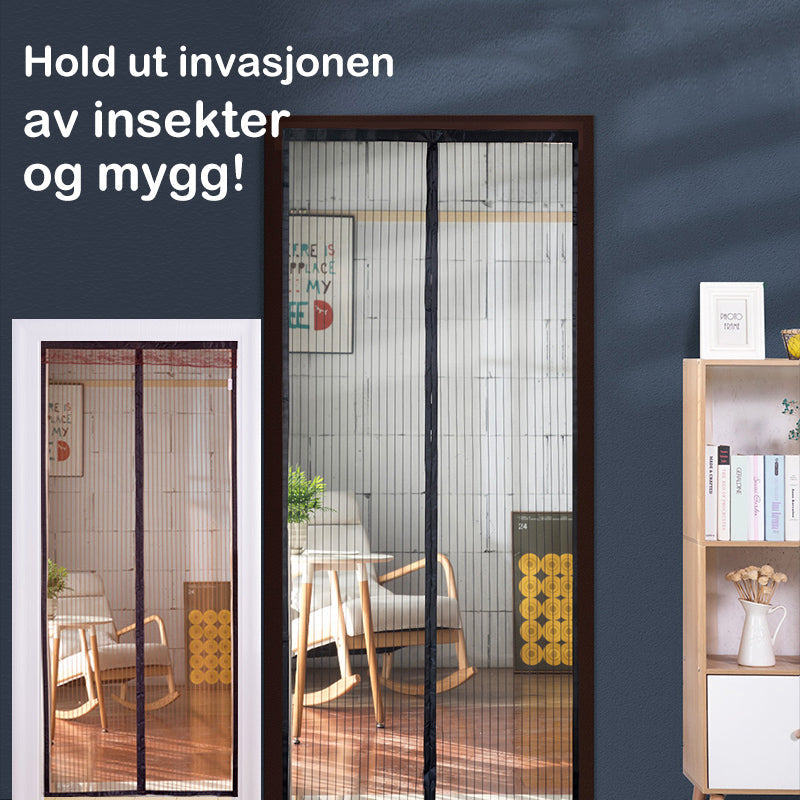 "Svart magnetisk skjermdør i premium mesh, enkel installasjon med borrelås, gir effektiv insektbeskyttelse og lufting."