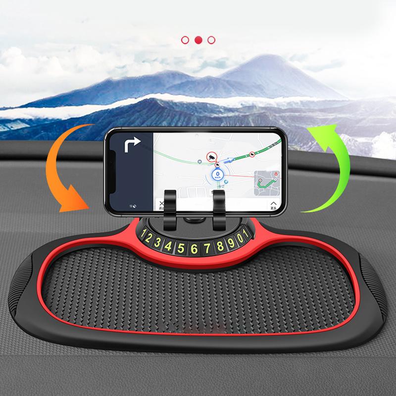"Svart mobiltelefonbrakett for bil, antiskli-bivoksmønster, 360° rotasjon, kompakt design for dashbordet."