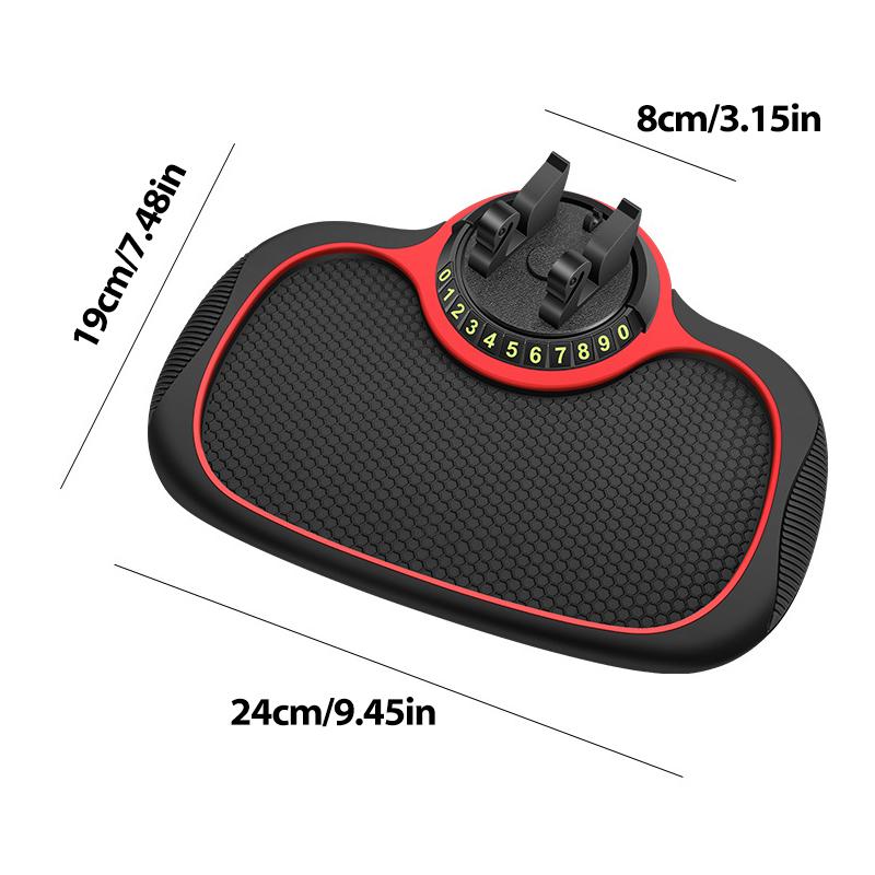 "Svart mobiltelefonbrakett for bil, antiskli-bivoksmønster, 360° rotasjon, kompakt design for dashbordet."