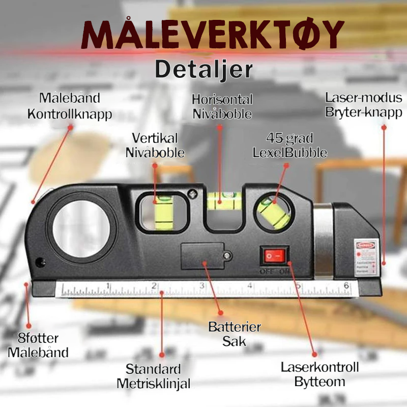 Svart multifunksjonslasernivå for presisjonsmåling. Innebygd målebånd og boblelys. Kompakt og lett å transportere.