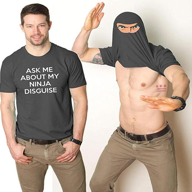 Svart Ninja Forkledning T-skjorte; humoristisk, forvandler til ninja-maske. Komfortabel bomull, tilgjengelig i variasjoner.