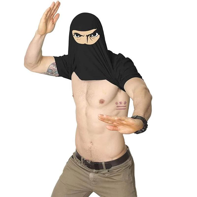 Svart Ninja Forkledning T-skjorte; humoristisk, forvandler til ninja-maske. Komfortabel bomull, tilgjengelig i variasjoner.