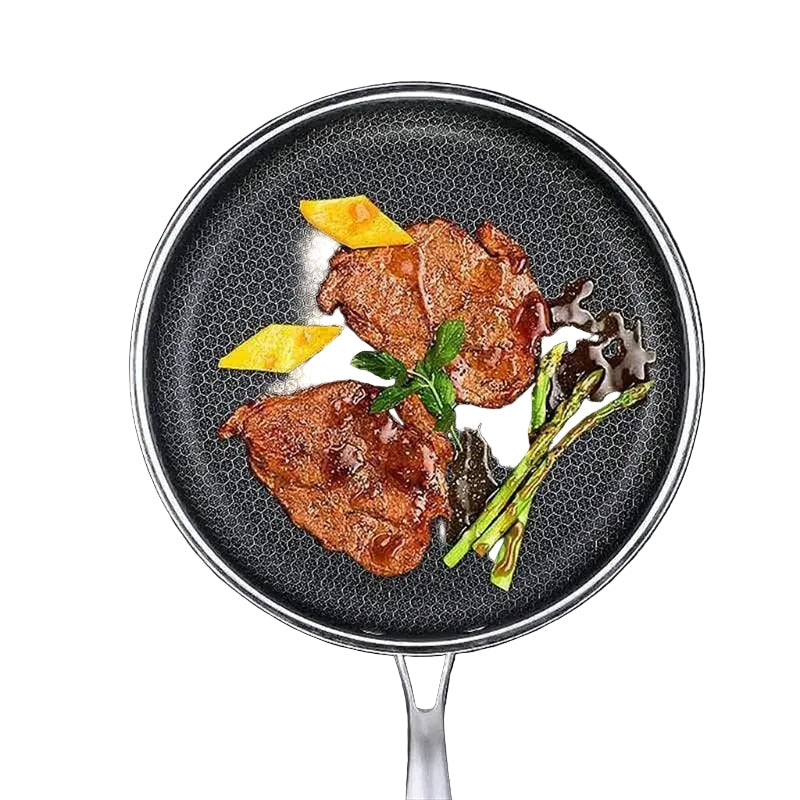 Svart non-stick stekepanne i rustfritt stål med pikselteknologi, ideell for induksjon og sunn matlaging.