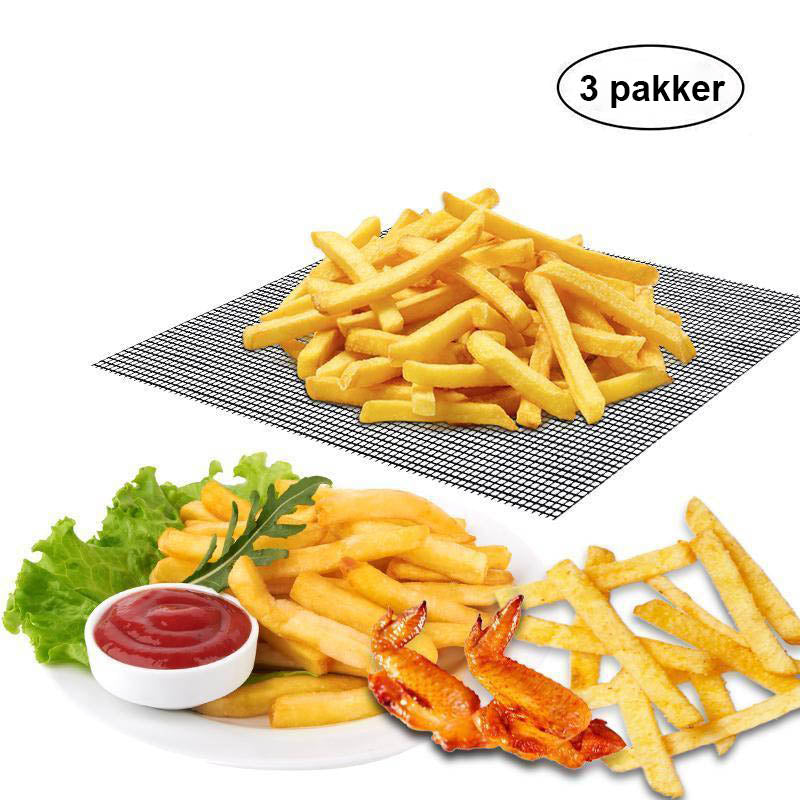"Svart premium grillmatte 40x33cm, varmebestandig og lett å rengjøre, beskytter mot mat som faller gjennom grillen."