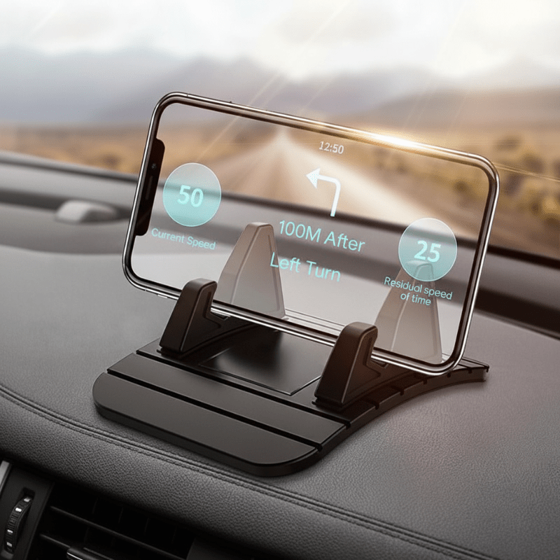 Nærbilde av sklisikker biltelefonholder i myk silikon, sikrer stabil plassering av mobilen på bilens dashbord.