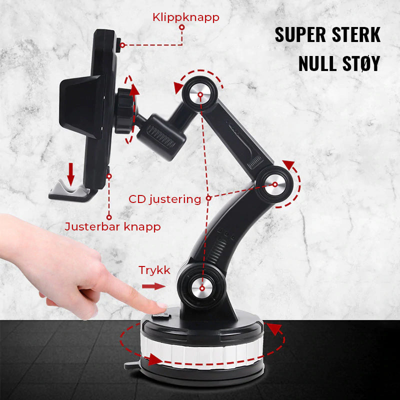 "Svart super-klebrig telefonholder med justerbar visning, ett-touch montering, ideell for enkel og sikker telefonbruk."