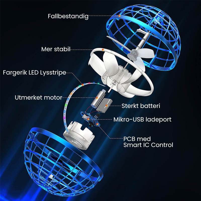 "Svevende Flynova Spinner for barn, blå rund kule med magisk bevegelse, perfekt for innendørs og utendørs lek."
