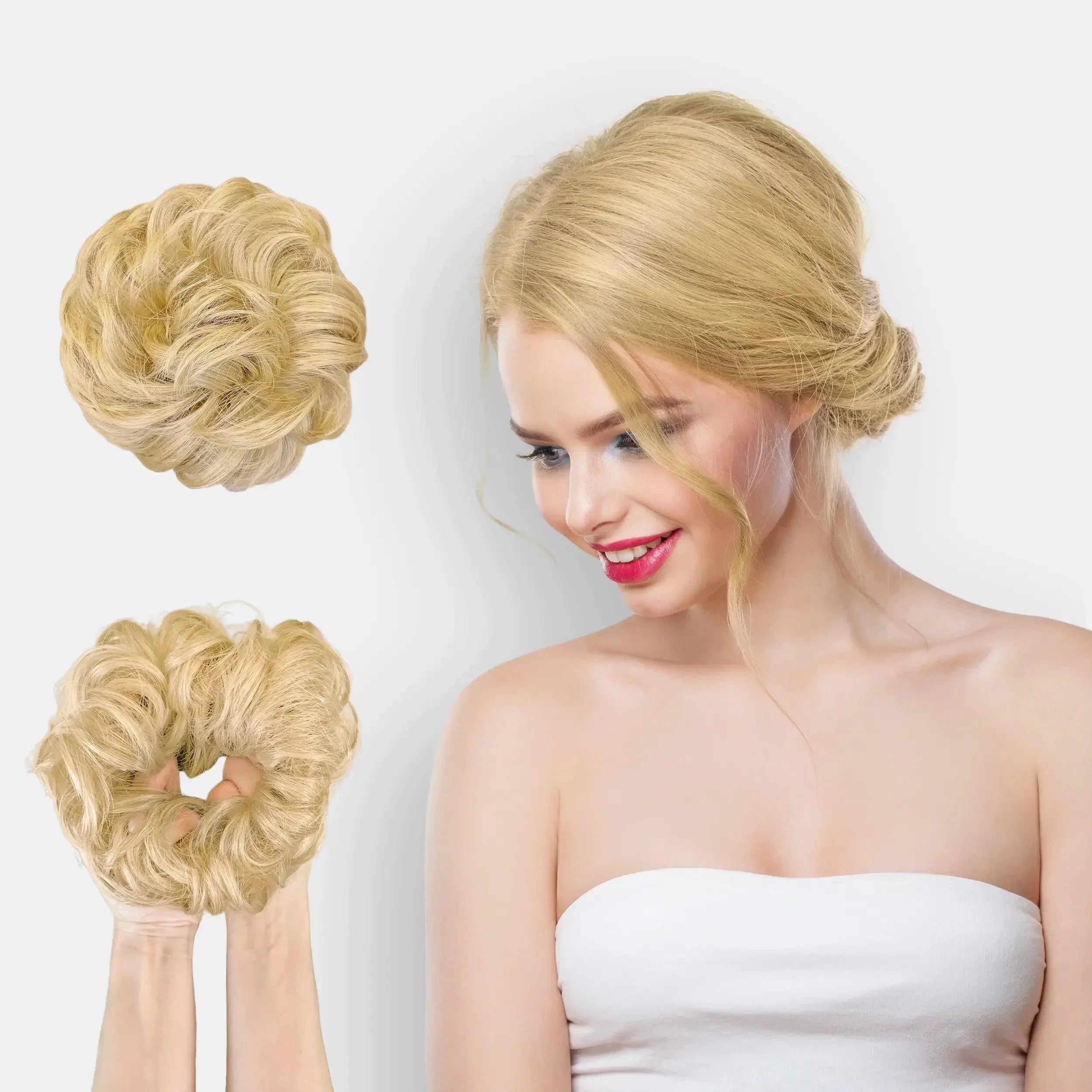 Scrunchie i syntetisk hår, designet for å gi din hårbolle ekstra volum og fylde.