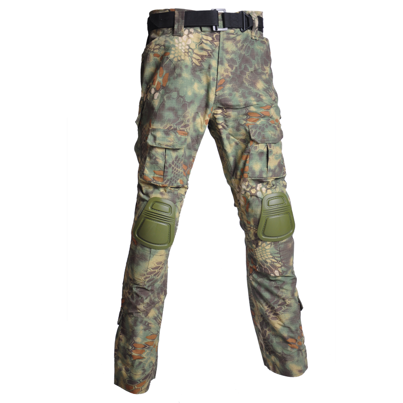 Taktiske kampbukser for herre, vist i en samling av farger som camo og svart, for variert friluftslivbruk.
