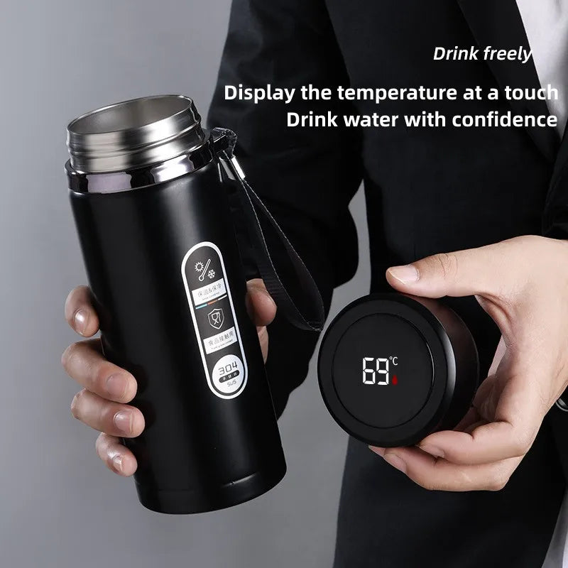 Bærbar kaffetermos i rustfritt stål med LED-display. Holder drikker varme/kalde på reise og utendørs.