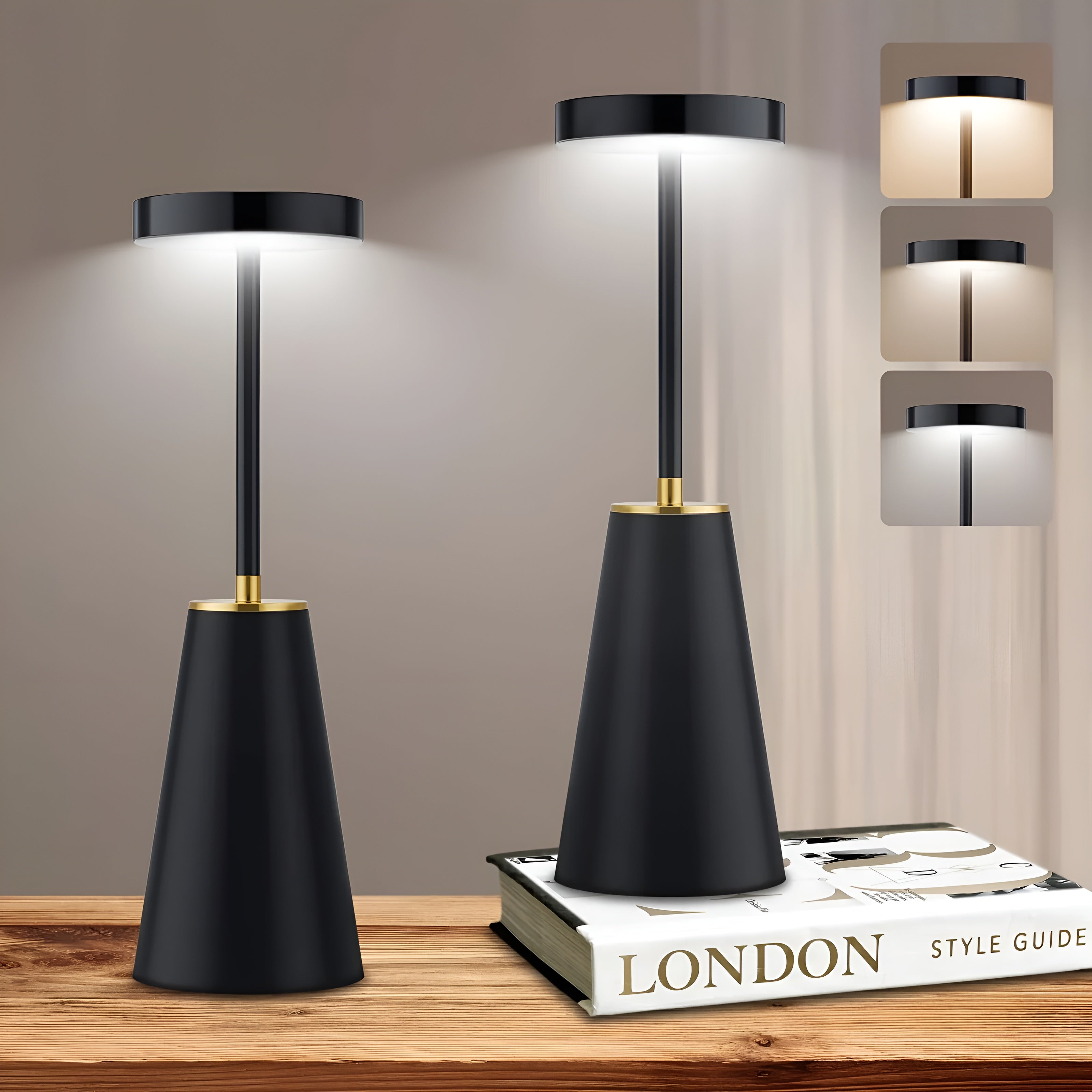 Batteridrevet svart AuraTouch designlampe. Trådløs, moderne berøringslampe for stemningsskapende lys.