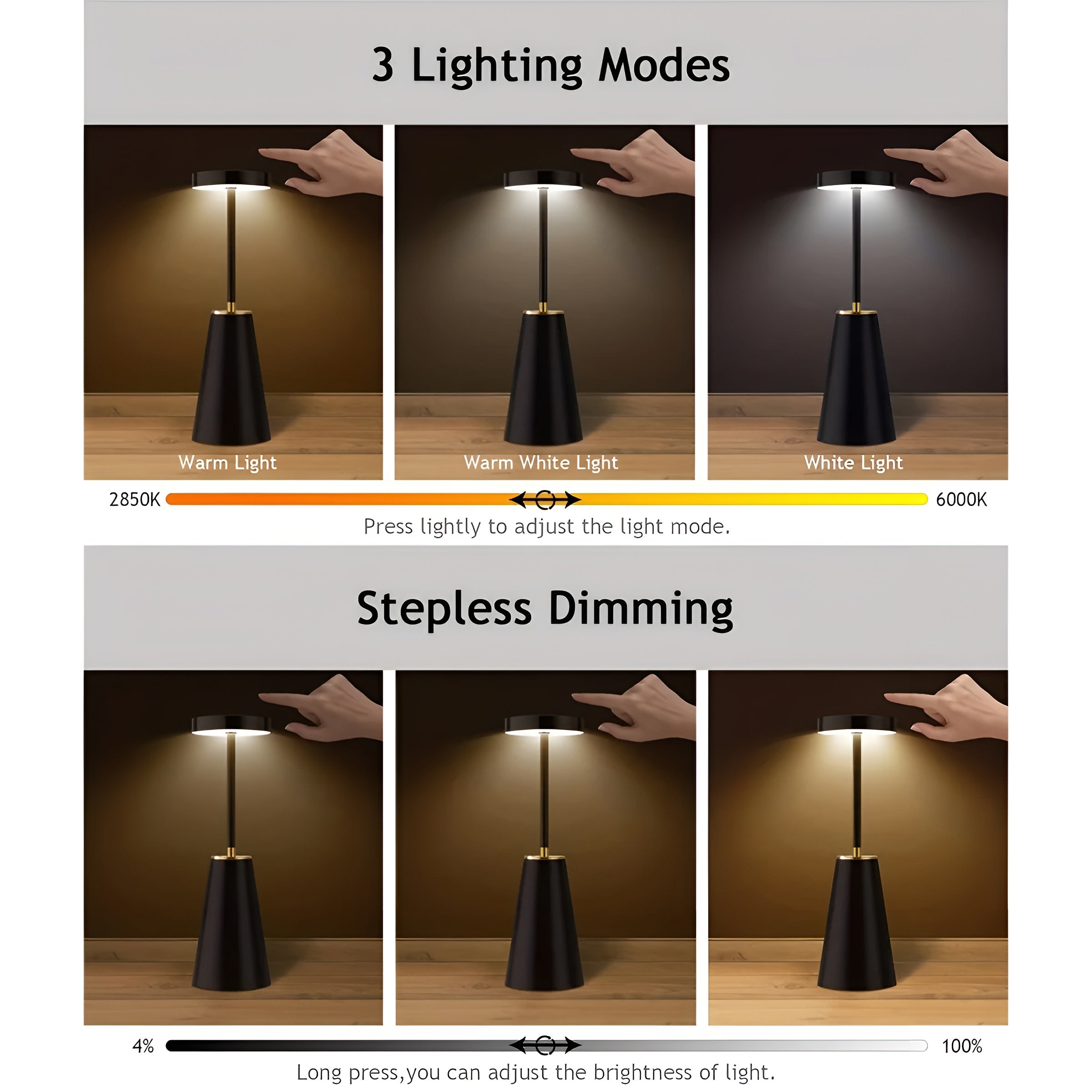 AuraTouch trådløs berøringslampe med justerbart lys. Perfekt for ulike stemninger og moderne hjemmeinnredning.