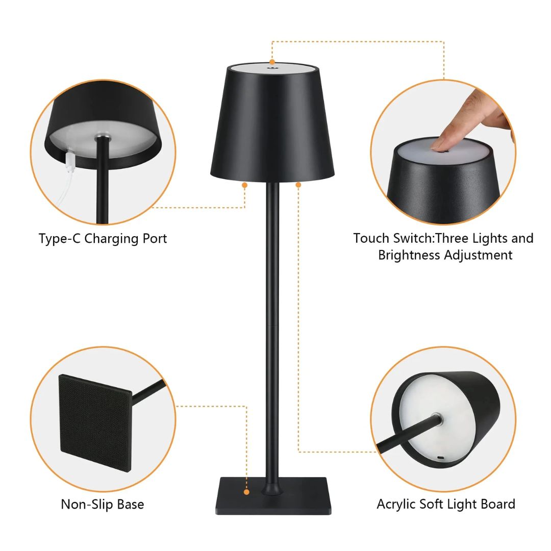 Moderne trådløs bordlampe med berøringskontroll, USB-lading og vanntett design for inne/ute.