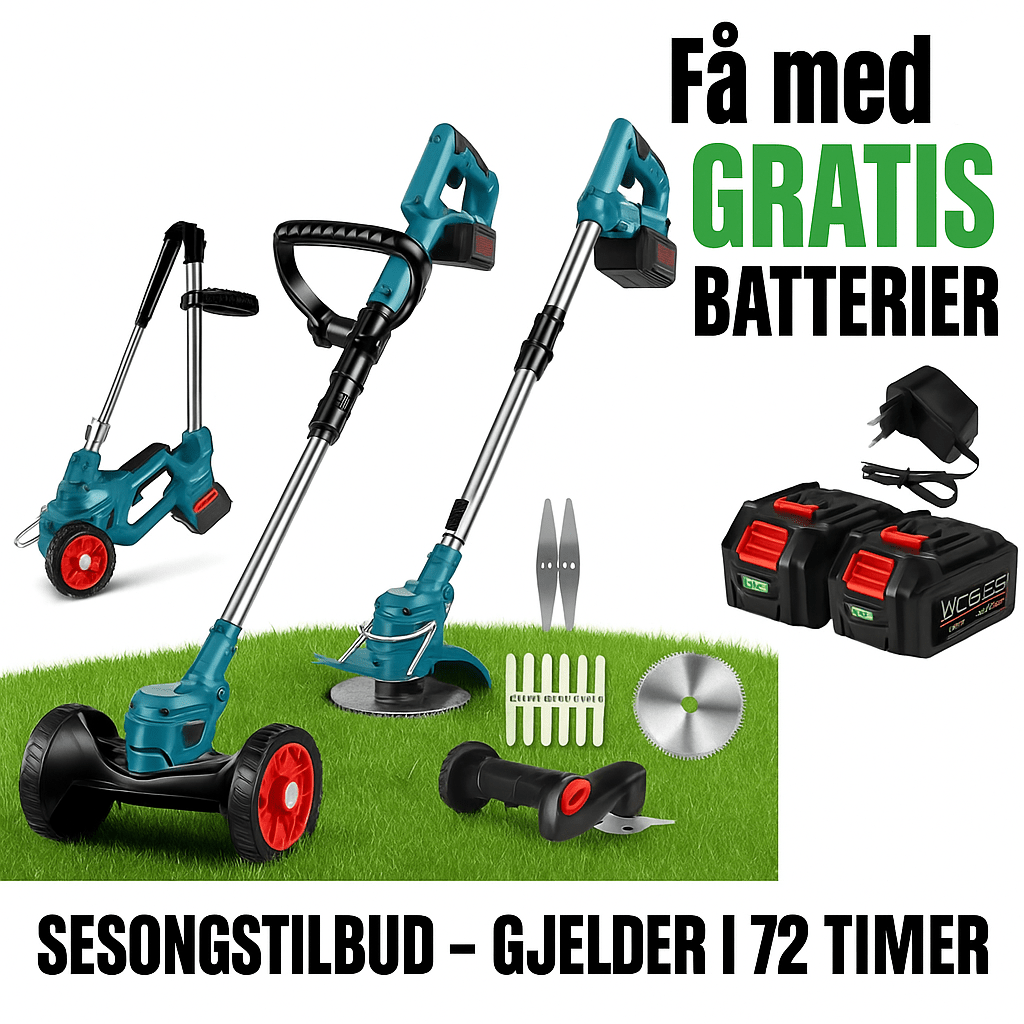 Trådløs gressklipper 36V, sammenleggbar med hjul. Ideell for enkel plenvedlikehold i hagen.