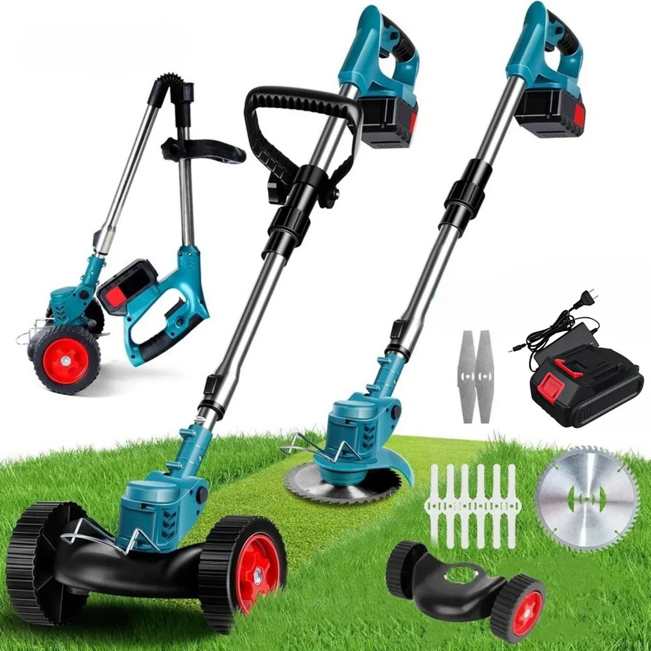 Allsidig 36V trådløs gressklipper med hjul for enkel trimming. Sammenleggbar for praktisk plenvedlikehold.