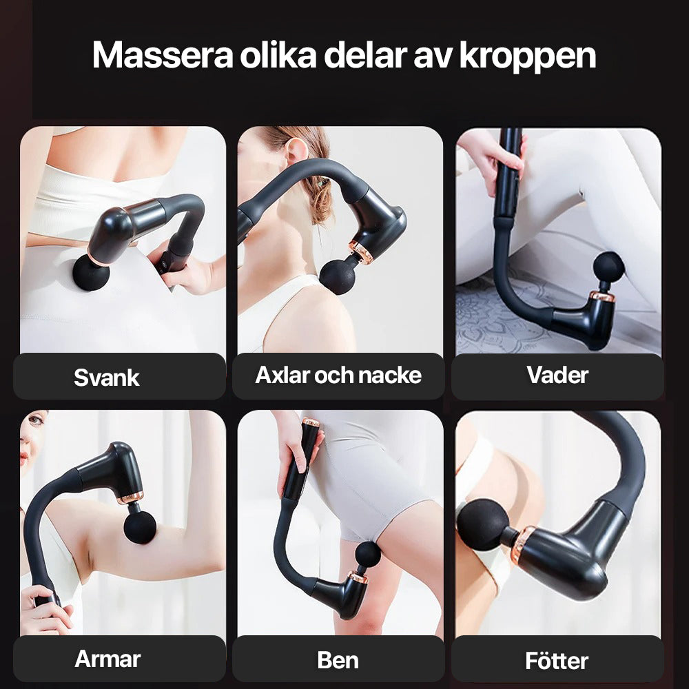 Bærbar trådløs massasjepistol med flere hoder, klar for selvmassasje og muskelavspenning.