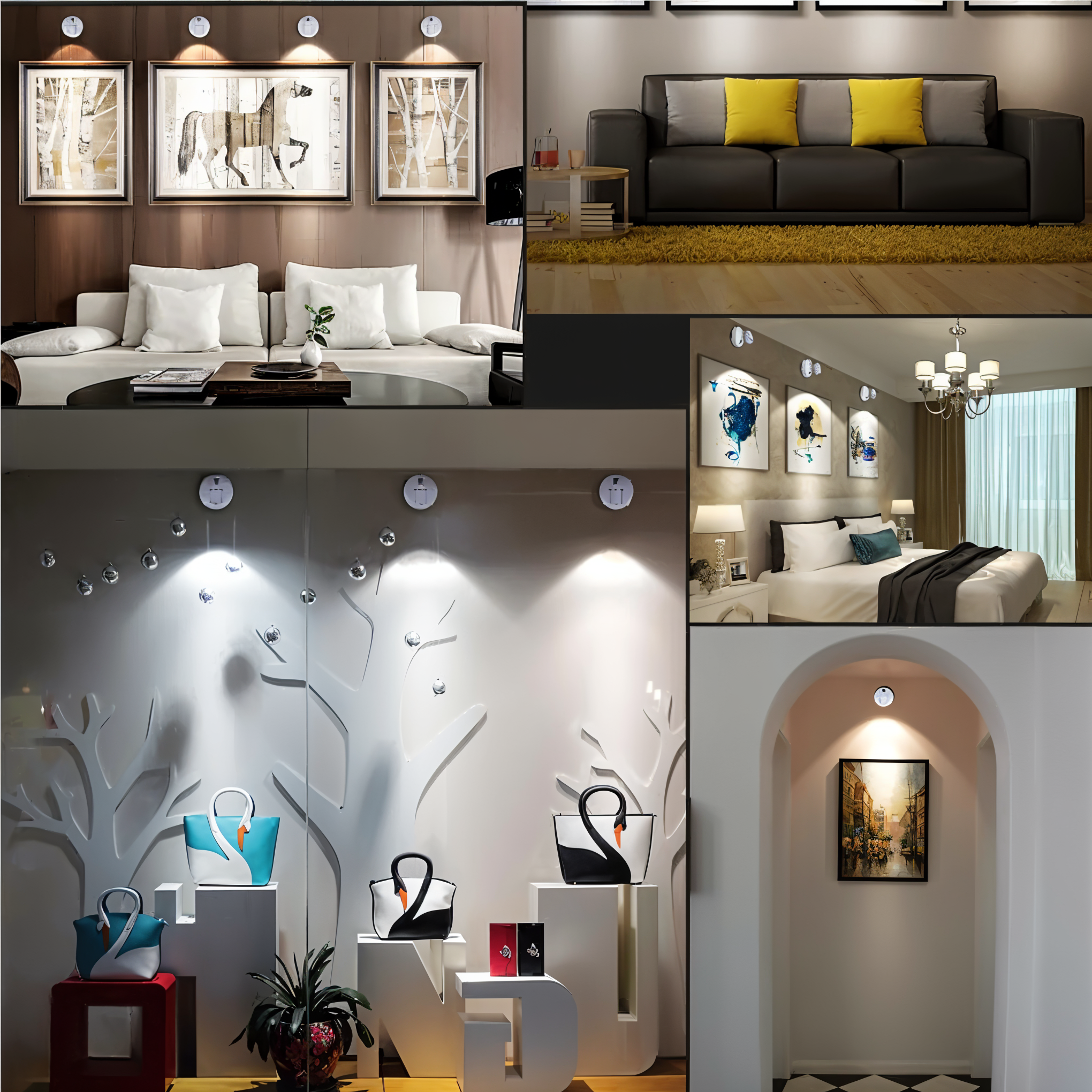Moderne trådløs LED spotlight som fremhever kunst, bilder eller dekorative gjenstander i hjemmet.