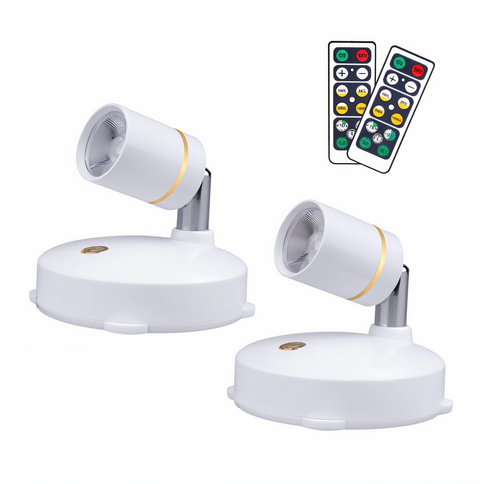 Flere trådløse mini LED spotlights som skaper jevn og justerbar stemningsbelysning i et større rom.