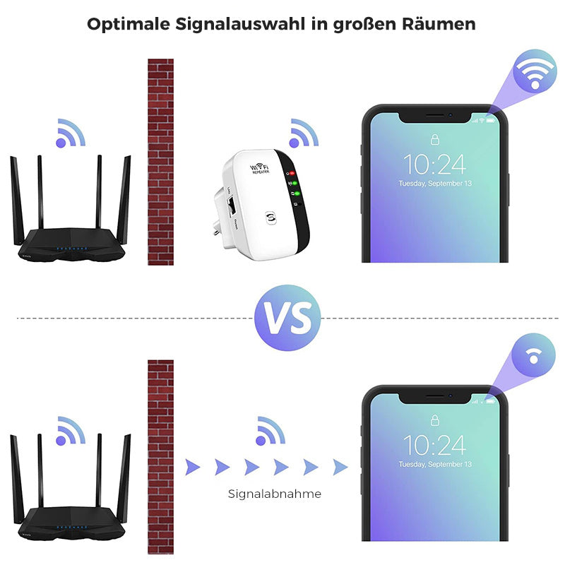 Baksiden av trådløs WiFi-signalforsterker med LAN/WAN-port for kablet eller trådløs tilkobling.