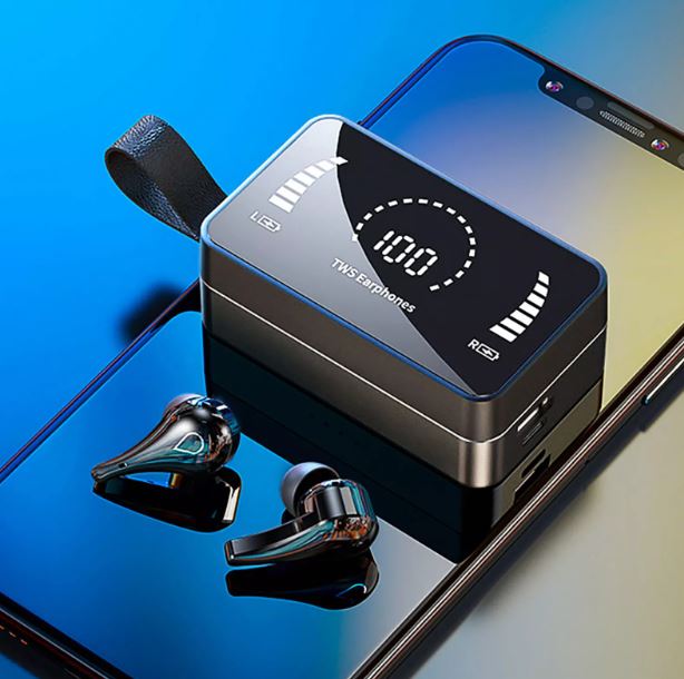 Vanntette Bluetooth sport-ørepropper i sort design, ideelle for trening og utendørs bruk.
