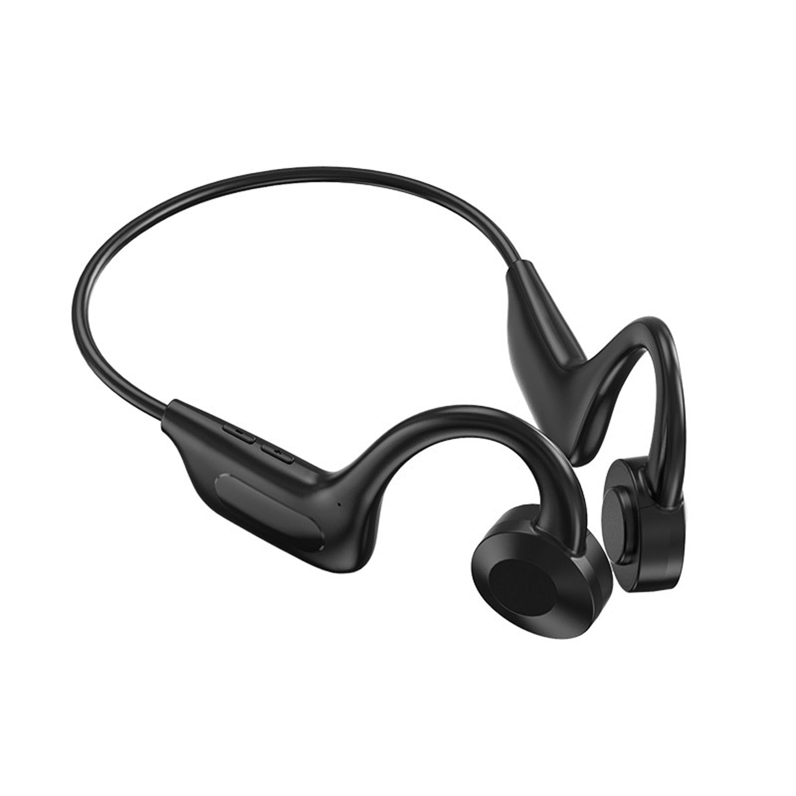 Trådløse hodetelefoner med beinledning, sorte, viser åpen øre-design for sport og trening.