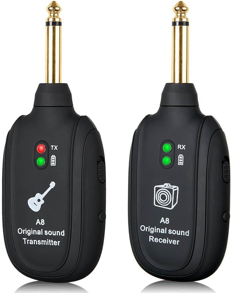 Oversiktsbilde av det svarte lydutstyret, trådløst gitarsystem for profesjonell og hobbybruk.