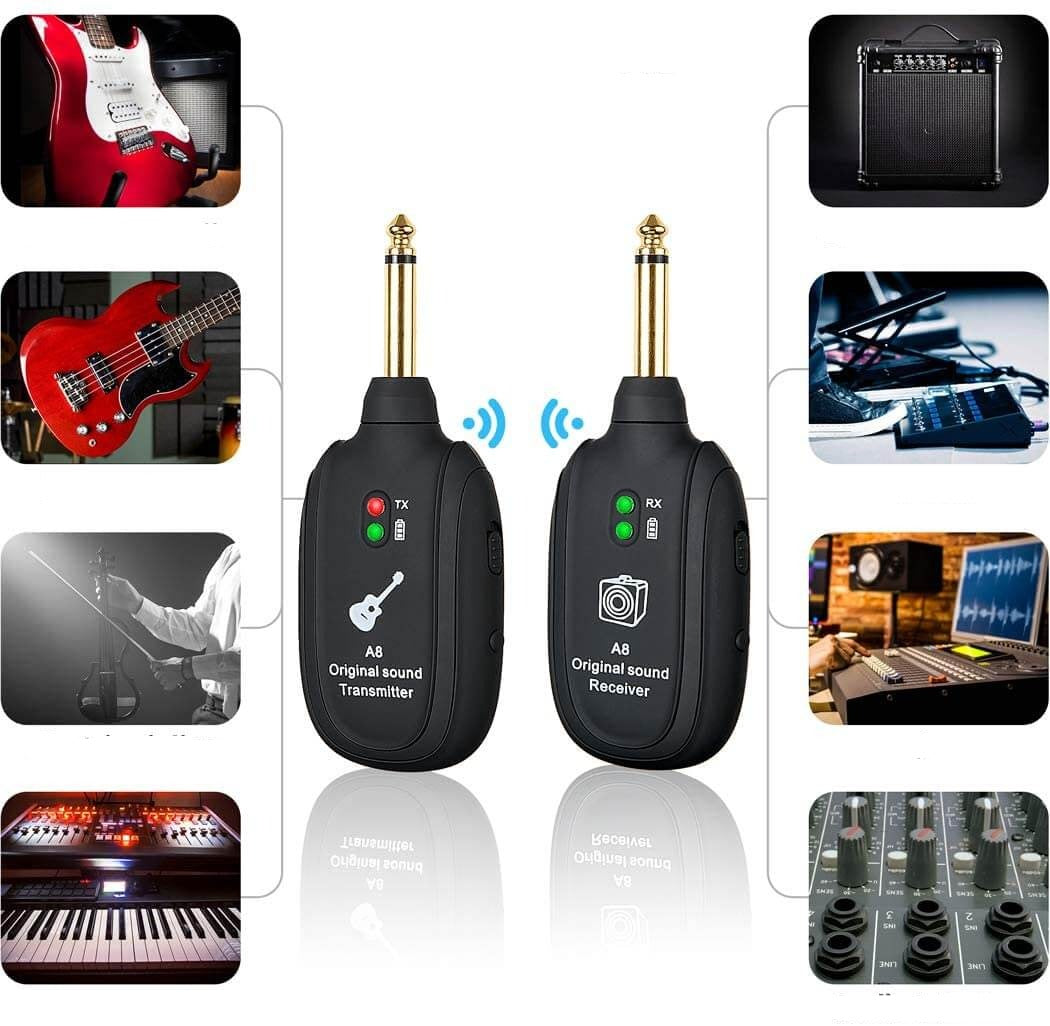 Svart trådløs gitarforsterkerpakke, perfekt for musikere som søker frihet og fleksibilitet.