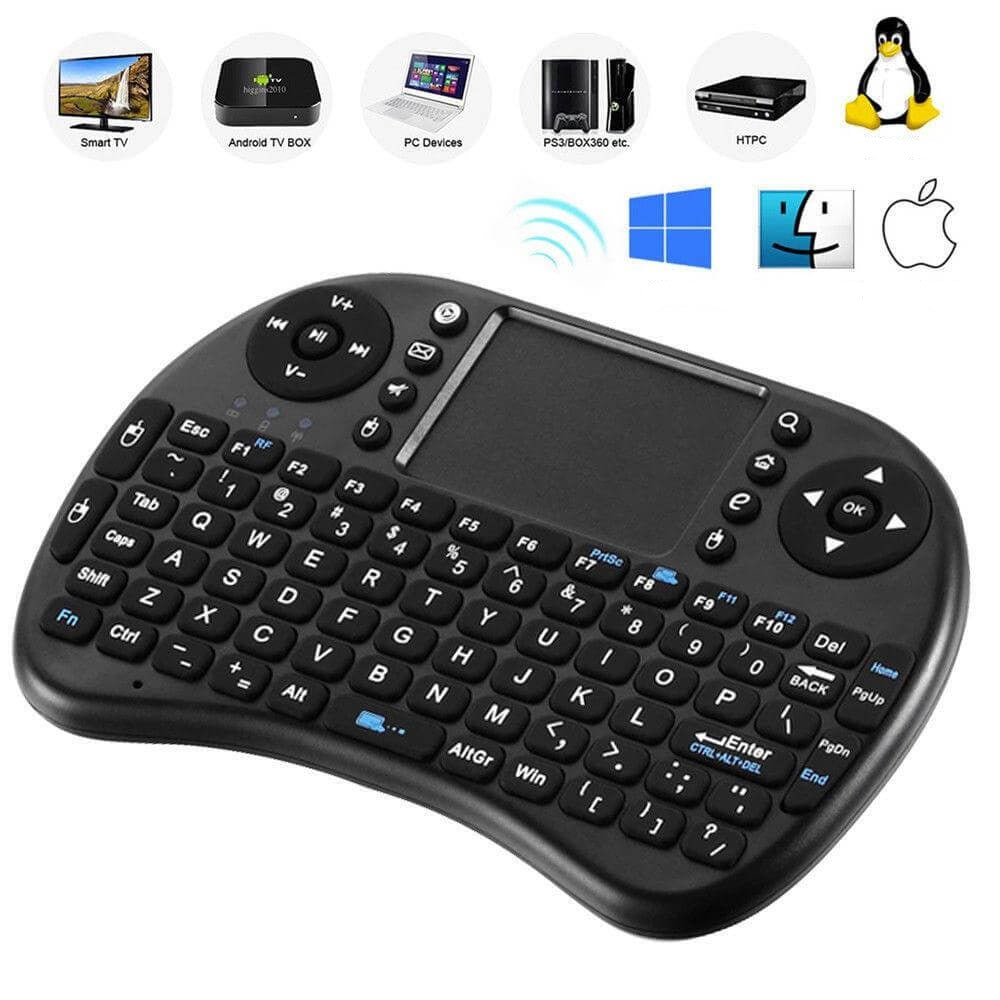 Ergonomisk trådløs fjernkontroll med pekeplate og tastaturfunksjon