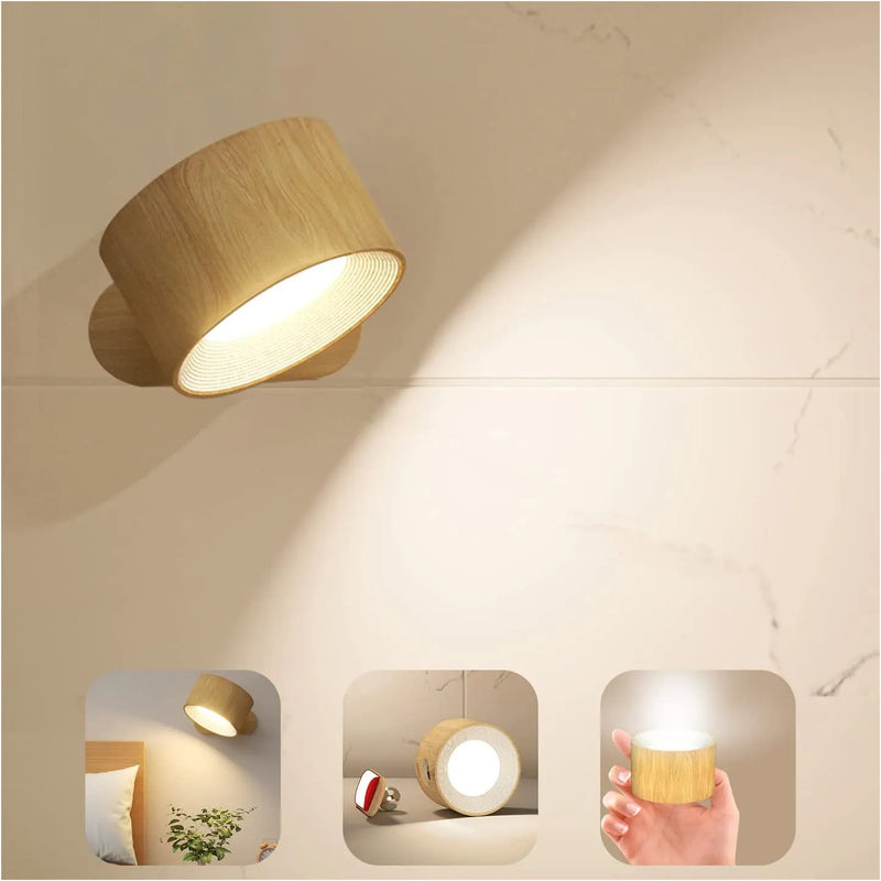 "Trådløs 360° vegglampe, USB-oppladbar, stilren design, justerbar magnetisk kule, LED-lys med smart touch-kontroll."