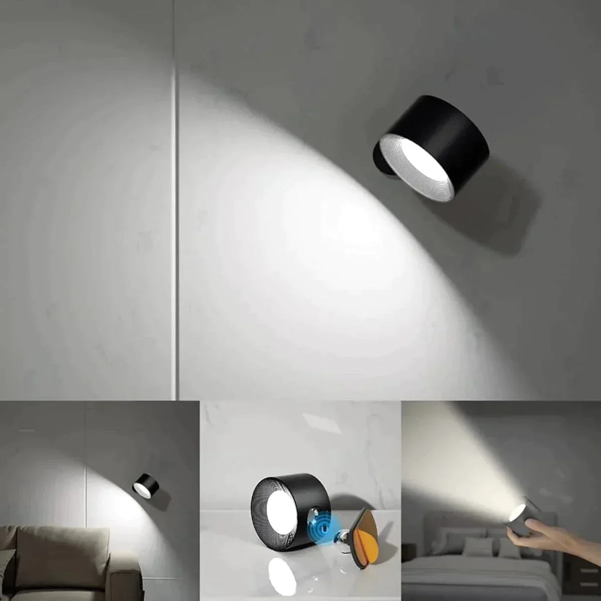"Trådløs 360° vegglampe, USB-oppladbar, stilren design, justerbar magnetisk kule, LED-lys med smart touch-kontroll."