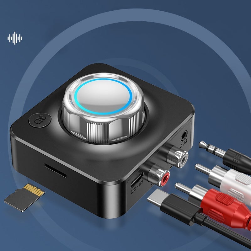 "Trådløs Bluetooth 5.0 RCA-mottaker med volumhjul, basskontroll, kompakt svart design, for trådløs musikkstrømming."