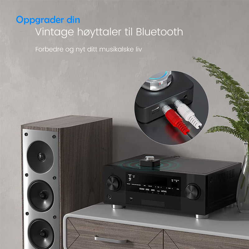 "Trådløs Bluetooth 5.0 RCA-mottaker med volumhjul, basskontroll, kompakt svart design, for trådløs musikkstrømming."