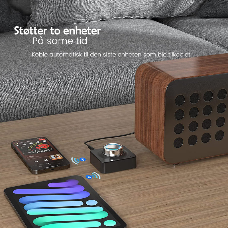 "Trådløs Bluetooth 5.0 RCA-mottaker med volumhjul, basskontroll, kompakt svart design, for trådløs musikkstrømming."