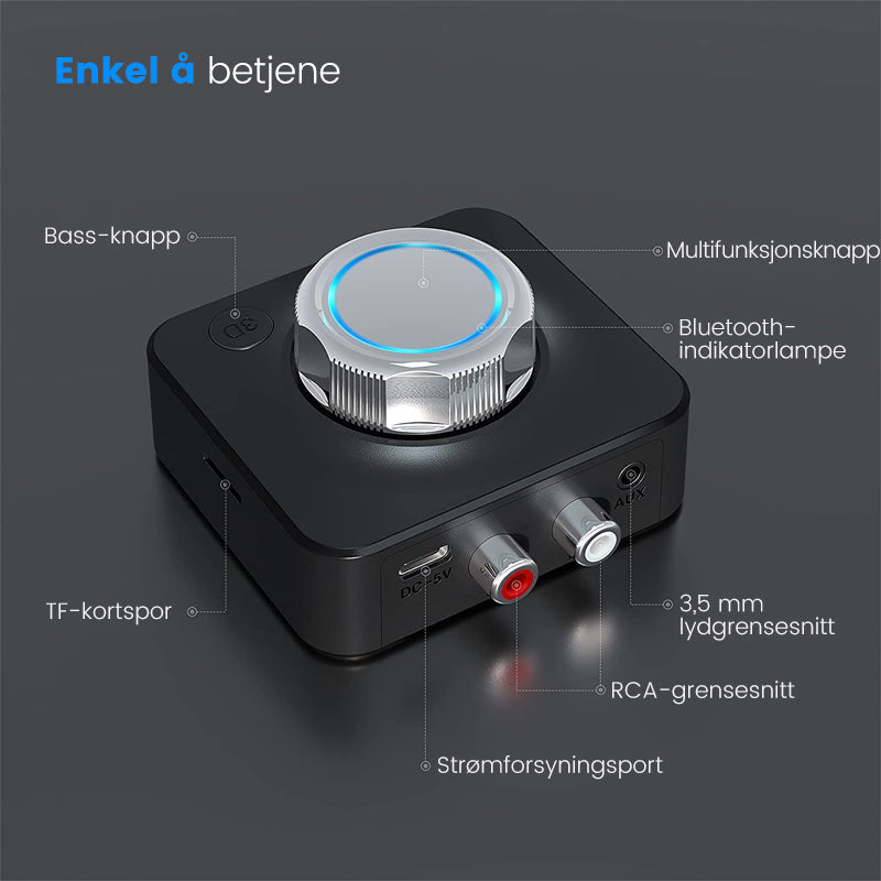 "Trådløs Bluetooth 5.0 RCA-mottaker med volumhjul, basskontroll, kompakt svart design, for trådløs musikkstrømming."