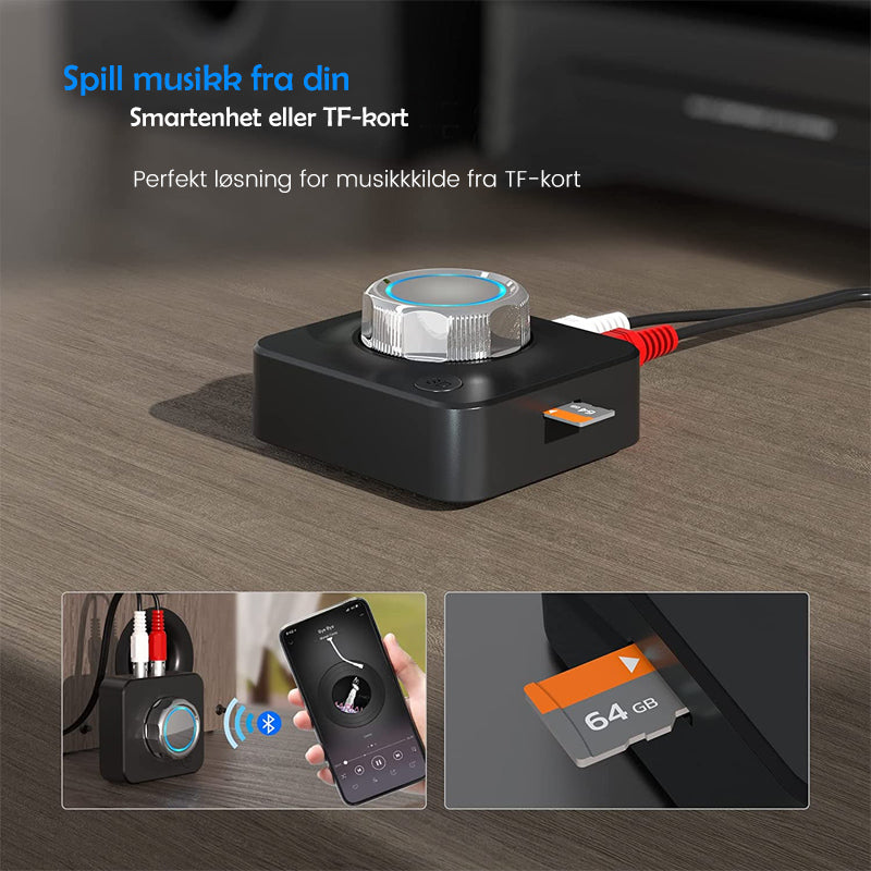 "Trådløs Bluetooth 5.0 RCA-mottaker med volumhjul, basskontroll, kompakt svart design, for trådløs musikkstrømming."