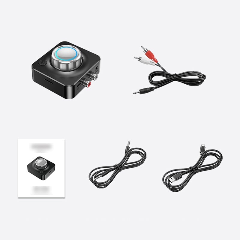 "Trådløs Bluetooth 5.0 RCA-mottaker med volumhjul, basskontroll, kompakt svart design, for trådløs musikkstrømming."