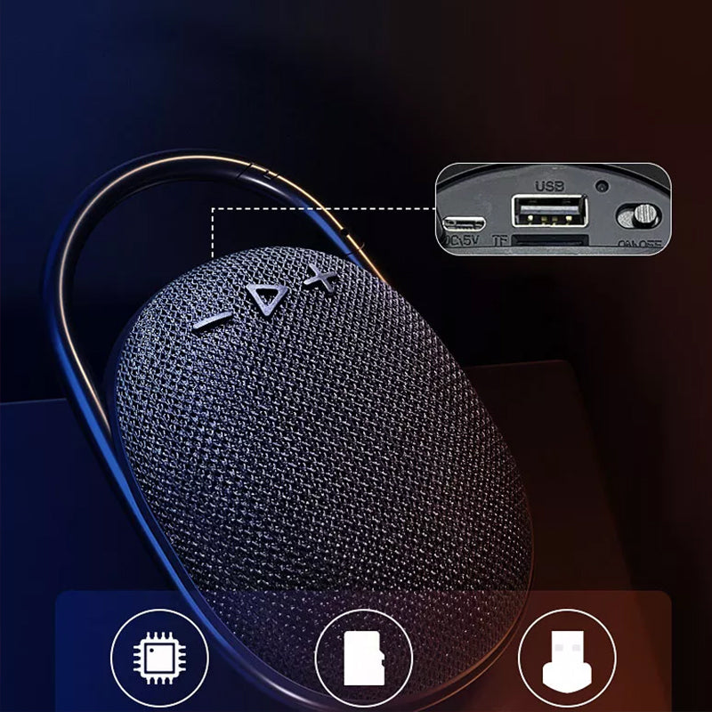 "Trådløs Bluetooth-høyttaler med kraftig bass, kompakt design, bærbar, i flere farger som blå, grå og svart"