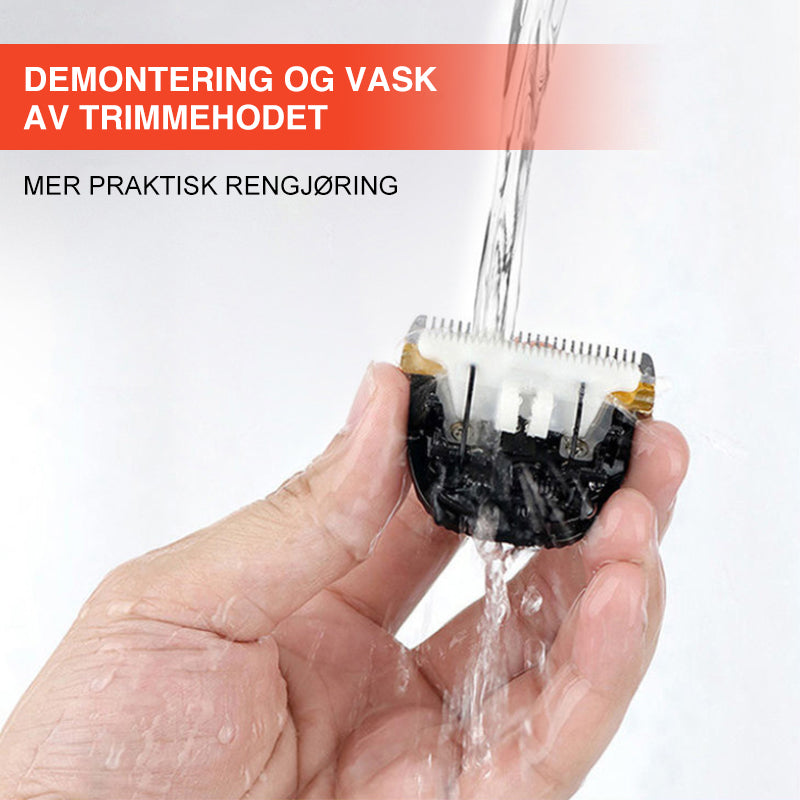 "Trådløs kjæledyrtrimmer med lav støy og keramiske blader for sikker trimming, ergonomisk og stilrent design i bruk."