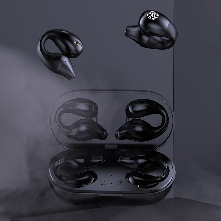 "Trådløse Bluetooth øreplugger, sort, med ergonomisk design og kompakt form. Klar lyd og støyreduksjon."