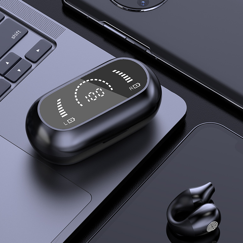 "Trådløse Bluetooth øreplugger, sort, med ergonomisk design og kompakt form. Klar lyd og støyreduksjon."