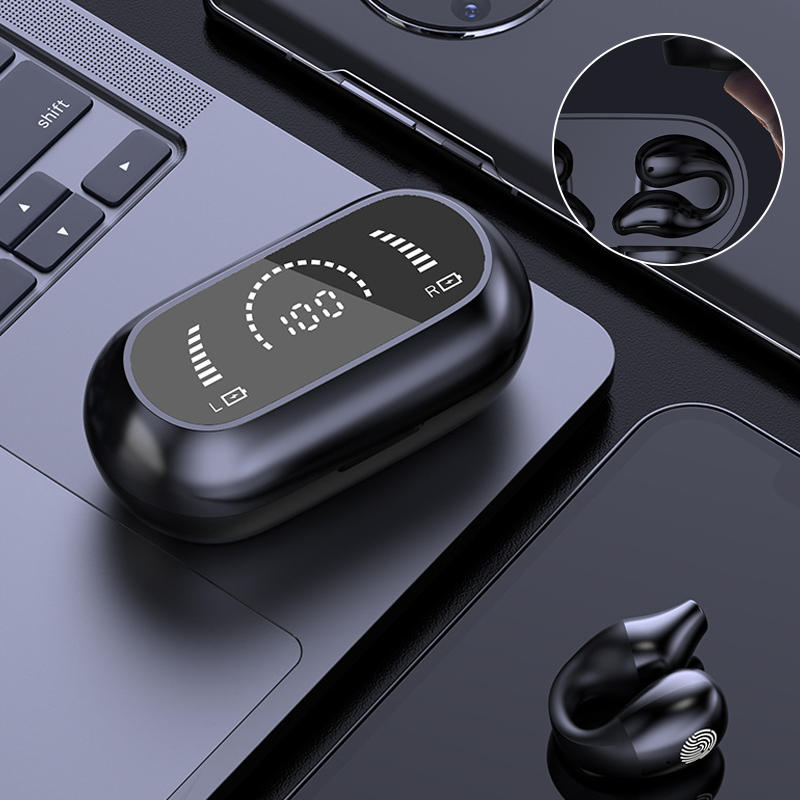 "Trådløse Bluetooth øreplugger, sort, med ergonomisk design og kompakt form. Klar lyd og støyreduksjon."