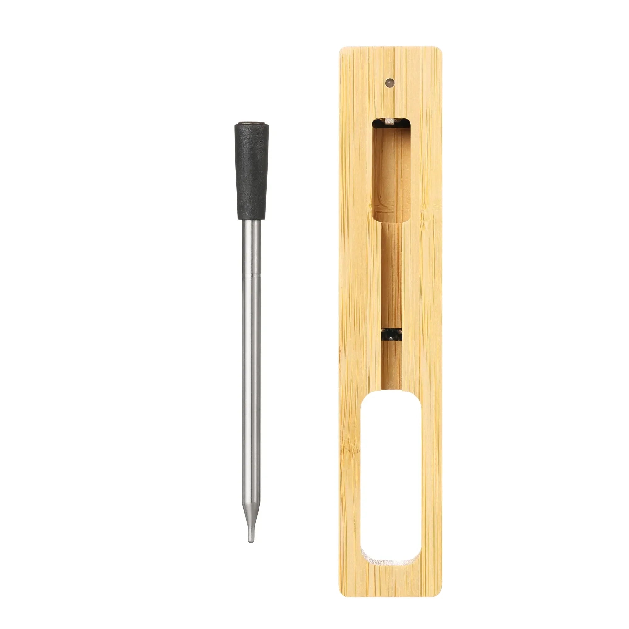 "Trådløst Bluetooth kjøtttermometer i elegant grønn og svart design for presis grilling og matlaging."