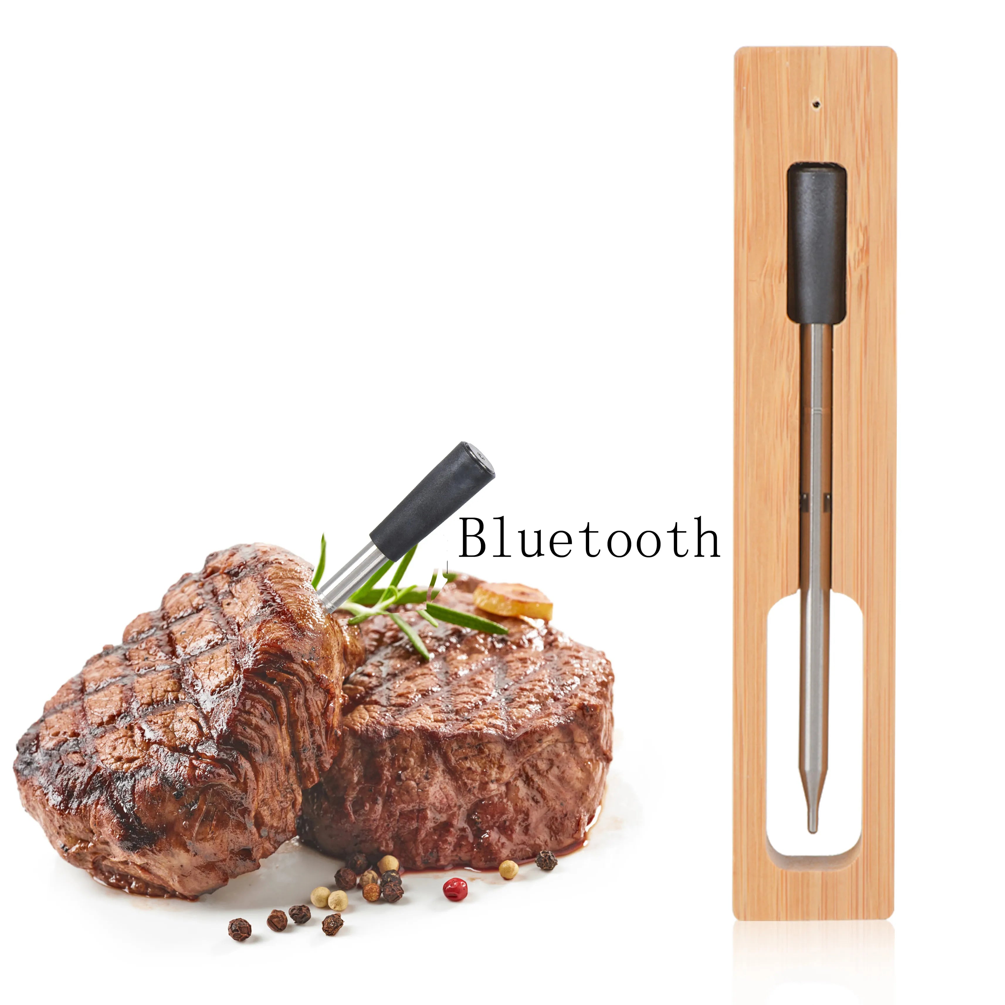 "Trådløst Bluetooth kjøtttermometer i elegant grønn og svart design for presis grilling og matlaging."