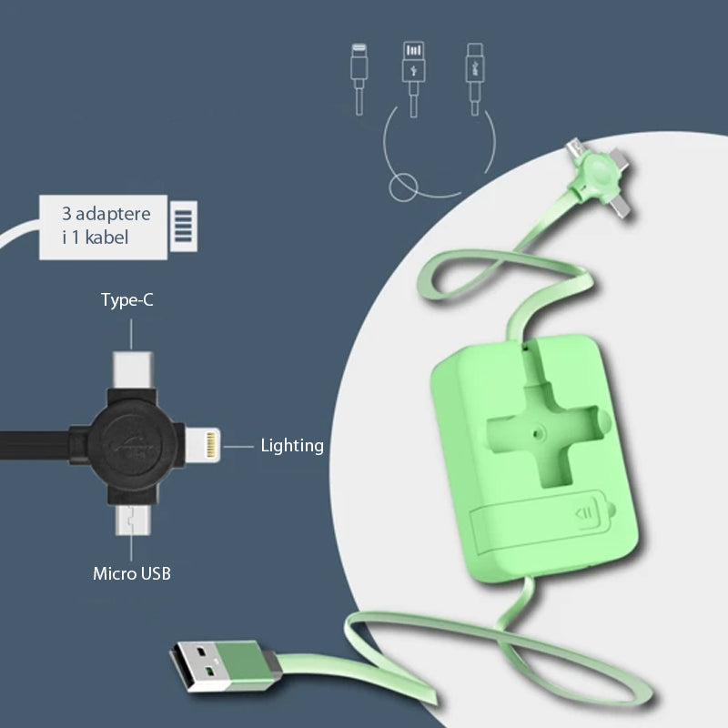 "Tre-i-ett teleskopisk datakabel i rød, svart, blå, grønn, rosa, lilla; uttrekkbar design, kompatibel med iOS, Micro USB, Typ