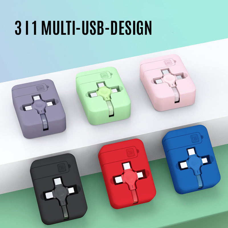 "Tre-i-ett teleskopisk datakabel i rød, svart, blå, grønn, rosa, lilla; uttrekkbar design, kompatibel med iOS, Micro USB, Typ
