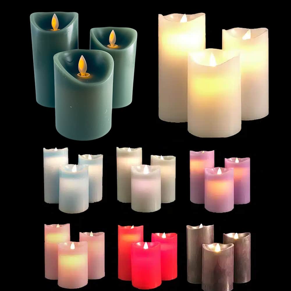 "Tre LED-blokklys med realistisk 3D-flamme i ulike farger, skaper en varm atmosfære uten brannfare."